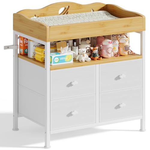 Image of POKIPO Bamboo Changing Table Dresser with Sturdy Metal Frame, 4 Fabric Drawers, 3-in-1 Baby Dresser with Changing Table Top, Diaper Changing Station and Storage Organizer for Modern Nursery
