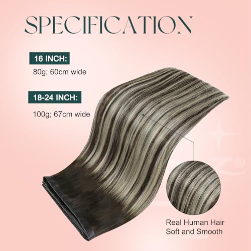 Image of Easyouth 24 Inch 100g Butterfly Weft Hair Extensions Human Hair Balayage, OVO Weft Human Hair Extensions, Ombre Dark Brown to Platinum Blonde with Brown, Long Straight Hair, for All-Day Wear