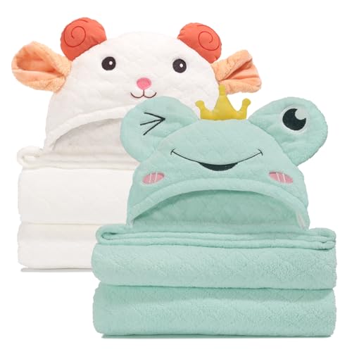 Image of WODHOY Baby Towels with Hood,2-Pack Baby Towels with Hood for Toddlers 1-3 0-5 Years, Super Soft Thick Absorbent Premium Coral Fleece Bath Towels Kids 50"x32",Green Frog & White Sheep Set