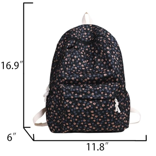 Cute Casual Floral Printed Backpack For Women 16.9 Inch Kawaii Japanese Aesthetic Simple Daypack Black2