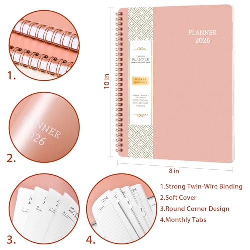2026 Planner - 2026 Calendar Planner from Jan. 2026 - Dec. 2026, 8" x 10" Planner 2026, Planner 2026 with Twin-Wire Binding, PP Cover, Round Corner - Rose Gold