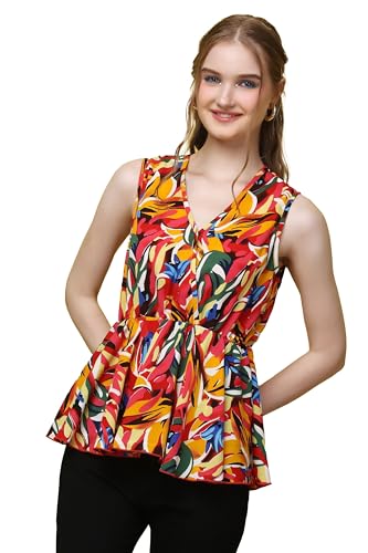 Image of POPWINGS Casual Floral Printed V-Neck Sleeveless Peplum Top for Women || Stylish Top for Summer Western Women Wear