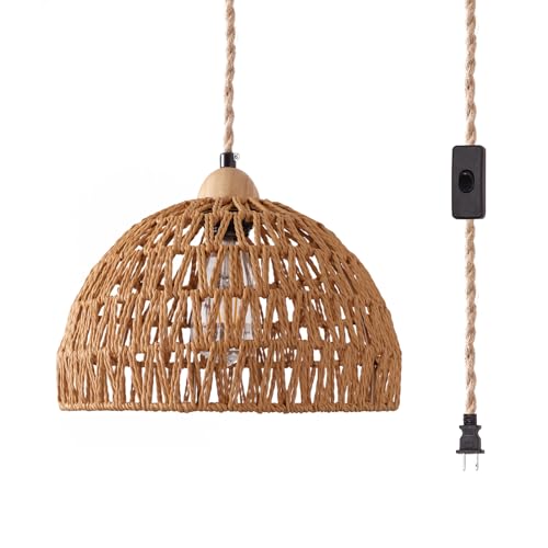 GNOLAK Plug in Pendant Light, Hanging Lamp with Plug in Cord, Hand Woven Rattan Lamp Shade...
