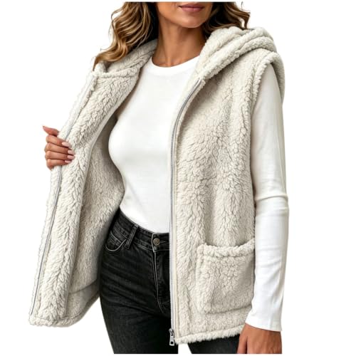 Womens Fuzzy Fleece Vest Hooded Full Zip Sleeveless Jacket with Pockets - image 2