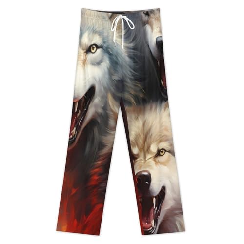 Three Wolf And Flame Fire Men's Pajama Pants Soft Loungewear Bottoms Sleepwear with Drawstring3