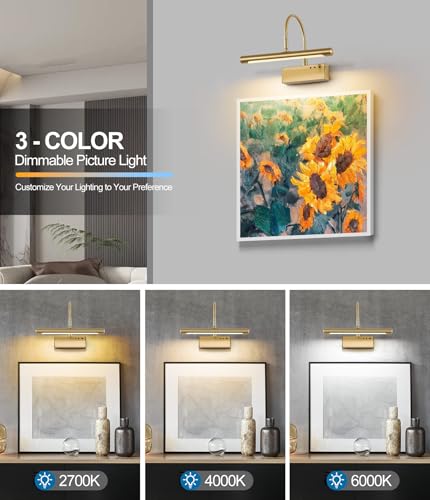 Image of Wireless LED Picture Light, Coredless Art Lighting for Wall, Brass Battery Frame Light with Remote, 3 Color Tone & Dimmable,12 inch Wall Decor Light for Art Display,Hallway,Study Room