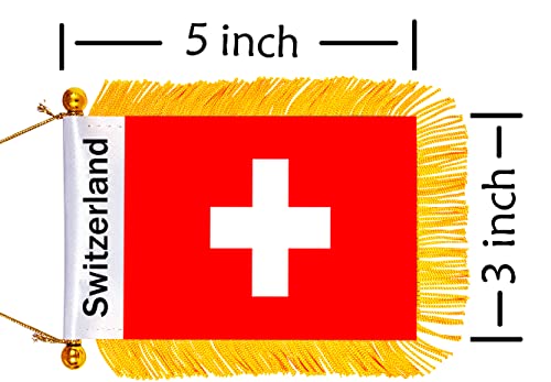 WXTWK 3 X 5 Inch Switzerland Flag Swiss Window Hanging Flag Small Mini Car Flags Banners Rearview Mirror Decoration With Suction Cup Golden Fringy Banner