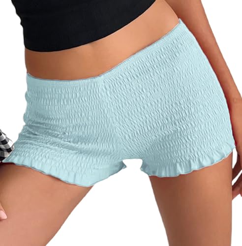 Image of NUFIWI Women's Y2k Ruched Mini Shorts Low Waist Ruffle Frill Bloomers Lounge Pajamas Smocked Micro Shorts Sleepwear