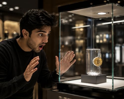 Image of Bitcoin Embedded Glass Tumbler, Unique Crypto Coin Design Drinking Glass Clear Transparent Glass for Water, Coffee & Beverages