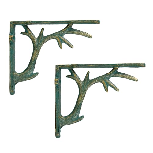 2PCS Cast Iron Deer Antler Wall Shelf Brackets, 6.2in (H), Green & Gold