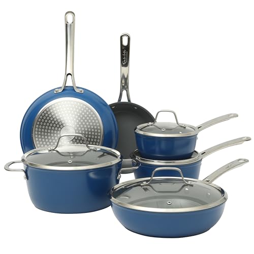 Sur La Table Kitchen Essentials Cool Commune Hard Anodized 10 Piece PFA Free Ceramic Non stick Interior Forged Durable Aluminum Pots and Pans Cookware Set - Blue - Induction Compatible