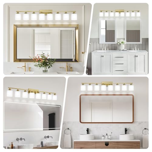 Image of 8 Light Bathroom Light Fixtures Gold for Big Mirror, Brushed Gold Vanity Lights for Bathroom with Milky White Frosted Glass Shades, 51 inch Wall Sconce for Mirrors Living Room Bedroom