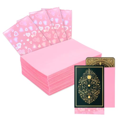 100pcs Holographic Colors Card Sleeves 3.58x2.6in/91x66mm Colored Heart-Shaped Flashing Card Sleeves for Mini Polaroid Photocard Collectible Protection(Pink)