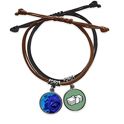 Pulsera de cuero con rosas azules oscuras y cadena de cuerda ajustable para mano