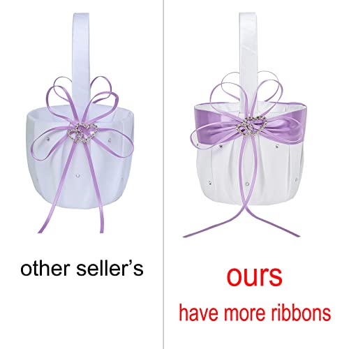 Arksu 2Pcs Set Ring Pillow And Flower Girl Basket With Double Heart Rhinestone For Wedding Decor-Lavender #TOP3