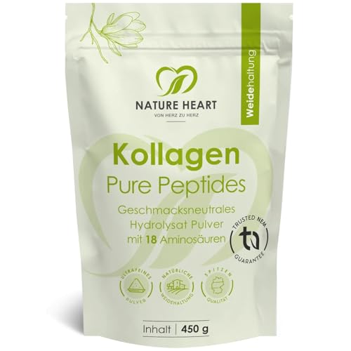Nature Heart Kollagen Pure Peptides Pulver 450g hydrolysiertes Kollagen Typ I aus Weidehaltung geschmacksneutral löslich mit über 91% Protein