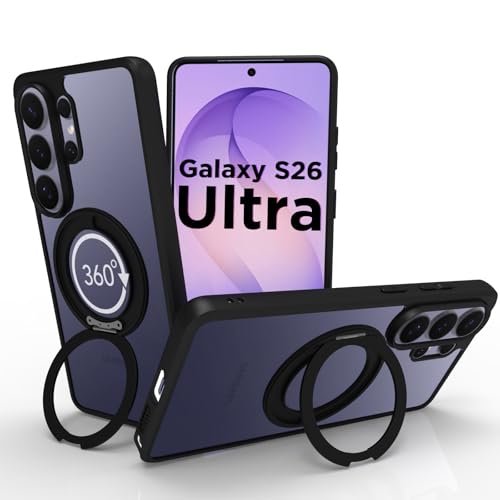Image of RIGGEAR Shockproof Sleek Hybrid Armor 360 Rotating Magnetic Ring Stand Back Cover Case Compatible with MagSafe Accessories for Samsung Galaxy S26 Ultra (Clear PC + Black TPU Bumper)