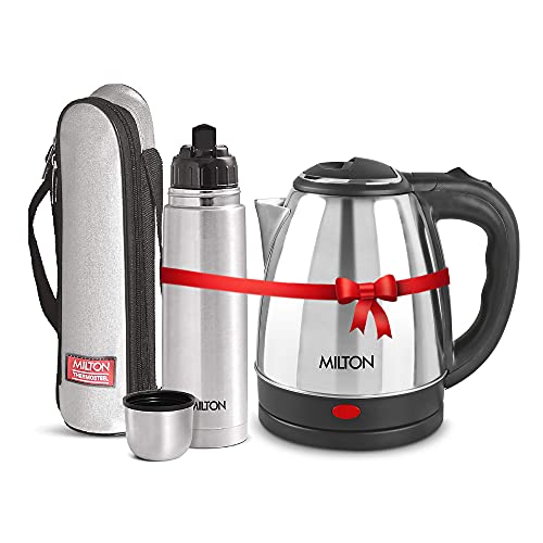 Image of MILTON Euroline Combo Set Go Electro Stainless Steel Electric Kettle, 1.5 Litres, Silver And Flip Lid Thermosteel Hot Or Cold Stainless Steel Water Bottle With Jacket, 1 Litre, Silver,1350 Watts