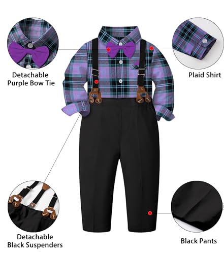Image of SANGTREE Boys Gentleman Clothes Set, Short Sleeve Shirt with Bowtie + Suspender Pants Outfit, 3 Months - 6 Years