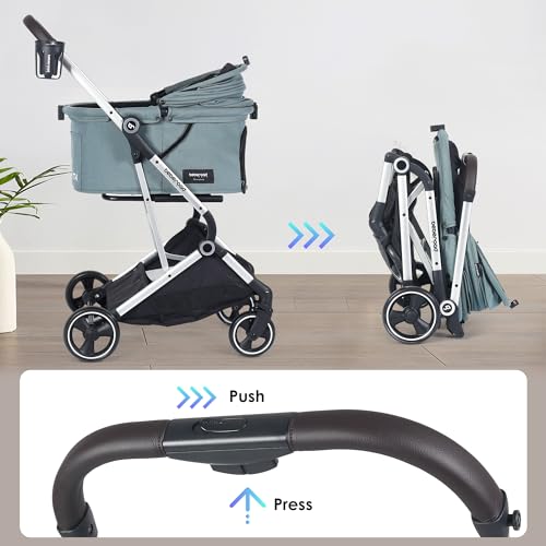 Image of T4 PRO Pet Stroller for Small Medium Dogs, Cat Strollers for 2 Cats, 4 Wheels Folding Pet Stroller for Cats with Pad, Canopy and Cup Holder, Green