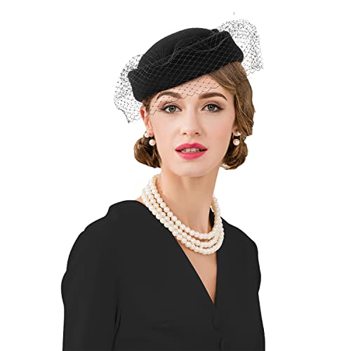 Women Vintage Pillbox Hat Fascinator Wedding Tea Party Cocktail Porkpie Veil Hats Black