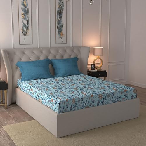 Image of Trident Celebration Queen Bedsheet Set, 100% Cotton Bedsheet for Double Bed (1 Queen Size Bedsheet with 2 Pillow Covers) Superior Softness, 144 Thread Count, Suitaible for Gifting - Chinthz Blue