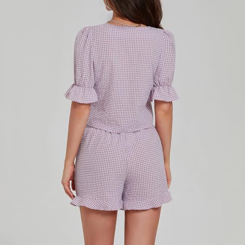 Image of Thopavenoir Women 2 Piece Casual Lounge Sets Y2k Puff Sleeve Peplum Shirt Tie Front Tee Shirt Shorts 2pcs Pajamas Sets