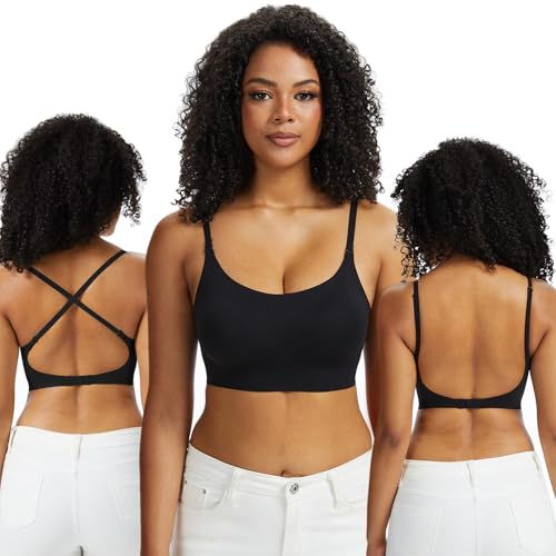 Shewant Seamless Bralette Wirefree Push Up Low Back Bra for Women Convertible Bra Black