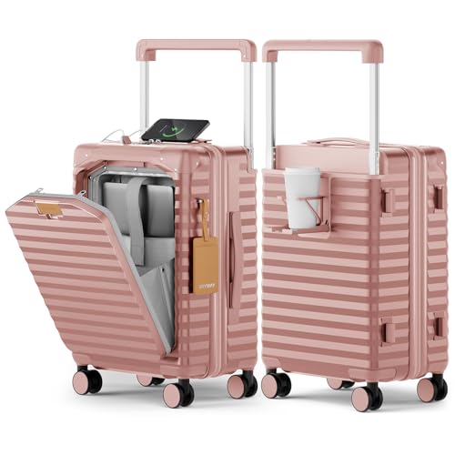 Image of Joyway 20 Inch Carry on Luggage with Front Pocket and Cup Holder, Rosa Gold