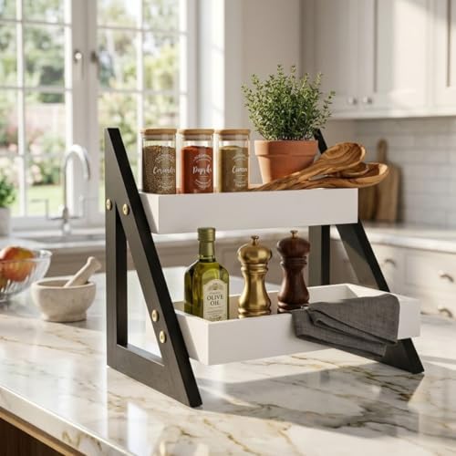 Image of Kitchen Organizer Rack - Multi-Purpose Kitchen Stand for Countertop & Cabinet Storage | Heavy-Duty Kitchen Rack Organizer for Spices, Utensils, Dishes & Pantry Items (2 Tier Black)