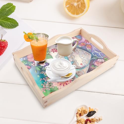 Image of 5D Diamond Art Tray with Handle for Adults DIY Diamond Art Plate Kits Beautiful Flower Heart Picture Diamond Art Painting Dinner Plate for Coffee Living Room Home Organizer Parties Family Gatherings