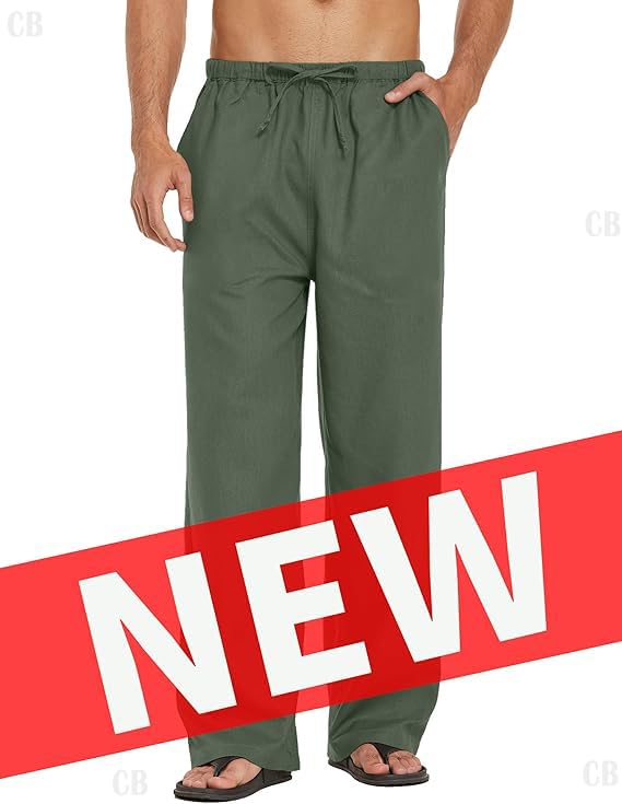 Image of CB-COLEBROOK Mens Casual Linen | Elastic Waist | Drawstring Summer Beach Yoga Linen Trouser | Loose Fit Pyjama Pants for Man