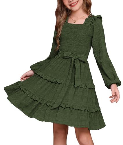 GRACE KARIN Girls Long Sleeves Dress Olive Green Kids Christmas Fall Party Casual Festive Dresses Size 7