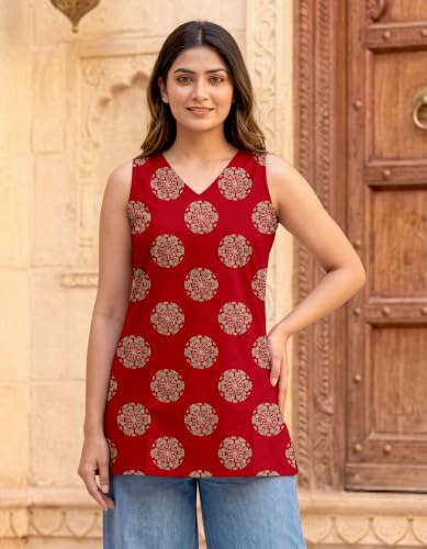 Image of Women's Printed Sleeveless Cotton Kurti Top with V-Neck, Straight Fit Casual Ethnic Tunic for Office, Daily & Casual Wear