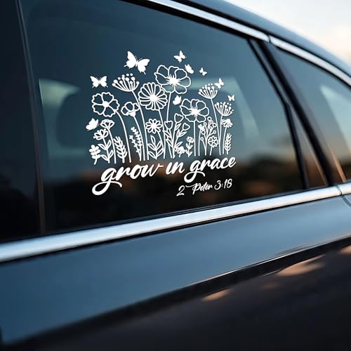 Image of Grow in Grace Peter 3:18 Car Decal Bible Catholic Sticker Floral Christian Decal for Car Window Bumper Truck Inspirational Decals Vinyl Waterproof 6 Inches Car Accessories Stickers Gift for Mom Dad