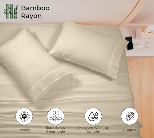 Image of Royale Linens Bamboo Viscose Queen Sheet Set - Cooling Bed Sheet Set - 1 Fitted, 1 Flat & 2 Pillowcase - Fits Up to 16 inch - Organic Viscose Derived from Bamboo - Bedding Sheet & Pillowcase (Queen, Sand)