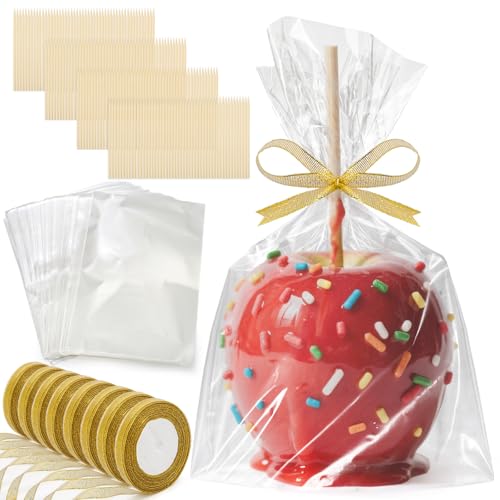 ZEAYEA 408 Pcs Candy Apple Sticks Bags DIY Caramel Apple Kit Supplies for Halloween Birthday Party 200 Bags 200 Sticks and 8 Rolls Gold Glitter Ribbons for Fruit Cookie Gift Wrapping