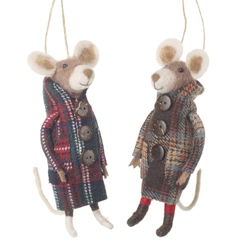 Image of Heaven Sends Set of 2 Felt Mice in Tartan Jackets Christmas Tree Decorations