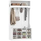 HOMCOM Garderobenständer mit Sitzbank, Kleiderständer mit Ablage, Schuhregal, 6 Haken für Flur, Wohnzimmer, Schlafzimmer, Weiß, Höhe 172,2 cm