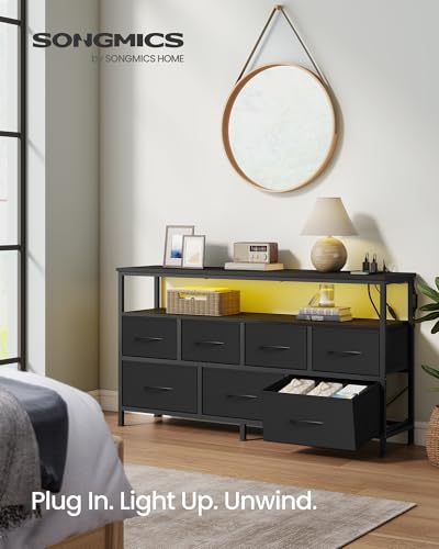 Image of SONGMICS BELLAH Collection - Dresser for Bedroom with App-Controlled LED Lights and Charging Station, Chest of Drawers, TV Stand, 7 Drawers, Shelf, Modern, Ink Black ULGS733BH02S