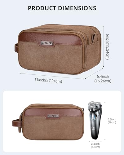 Image of WITZMAN Canvas Toiletry Bag for Men Large Capacity Hanging Dopp kit for Men Leather Toiletries Water-Resistant Bathroom Bag(A8002 Brown)