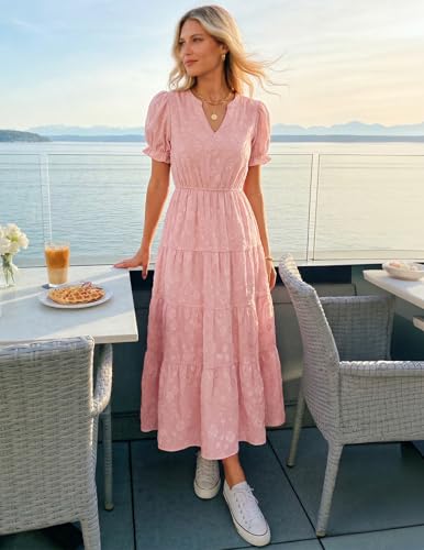 Image of ZESICA Womens Summer Floral Flowy Midi Dress 2026 Puff Short Sleeve V Neck Ruffle Tiered Beach Vacation Party Dresses