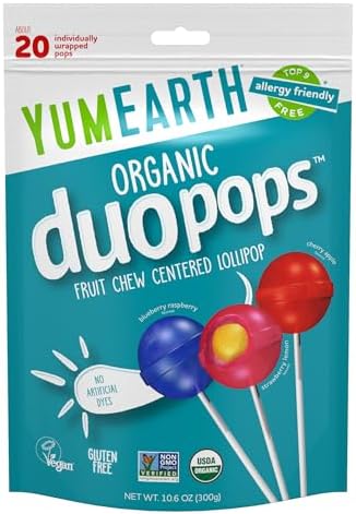 YumEarth Organic Duo Pops, Lollipops with Fruit Chew Centers - Allergy Friendly (Top 9 Free), No Artificial Dyes, Non GMO, Gluten Free, Vegan Candy Snacks - Individually Wrapped Pops (20 Count (Pack of 1))