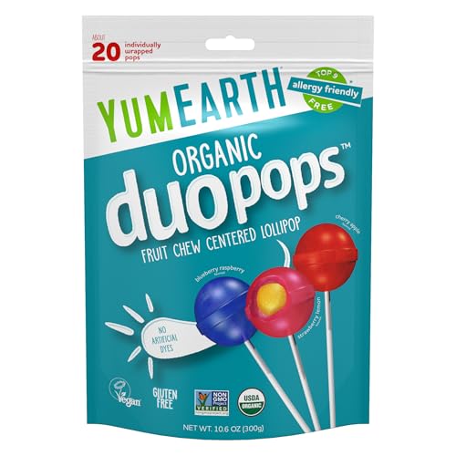 YumEarth Organic Duo Pops, Lollipops with Fruit Chew Centers - Allergy Friendly (Top 9 Free), No Artificial Dyes, Non GMO, Gluten Free, Vegan Candy Snacks - Individually Wrapped Pops (20 Count (Pack of 1))