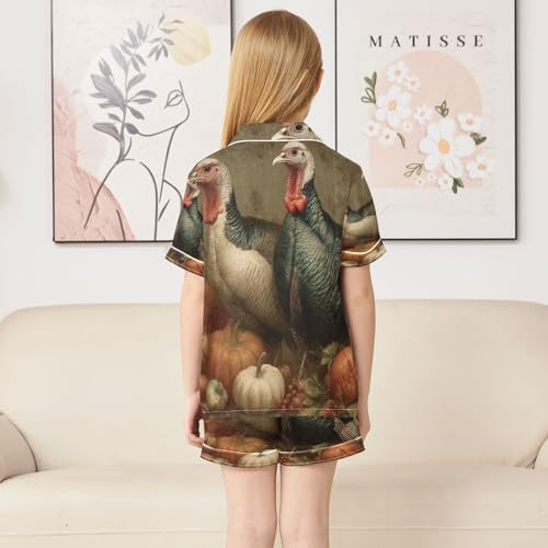 Satin Pajama Sets Short Sleeve Thanksgiving Turkeys Autumn Button Down Silky Nightwear 2 Piece PJS 5-14Y4