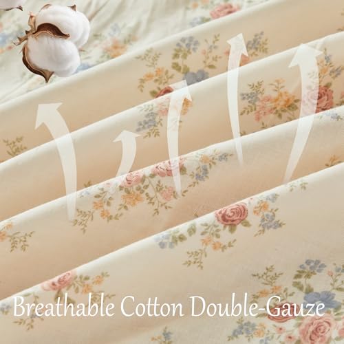 Image of FADFAY Queen Sheet Set 100% Double Gauze Cotton 4Pcs - Breathable & Cooling Muslin Sheets-Soft Cream Floral Bed Sheets for Hot Sleepers, All-Season Comfort