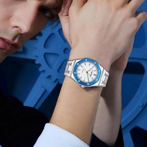 Image of Portive Quartz Watch for Men, Silver Stainless Steel Bracelet, Black Dial, Date Display, Octagonal Case