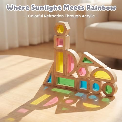 Image of WOODENFUN Wood Building Blocks Set for Kids,Rainbow Stacker Stacking Game Construction Toys Set Preschool Colorful Learning Educational Toys, Geometry Wooden Blocks for Boys Girls