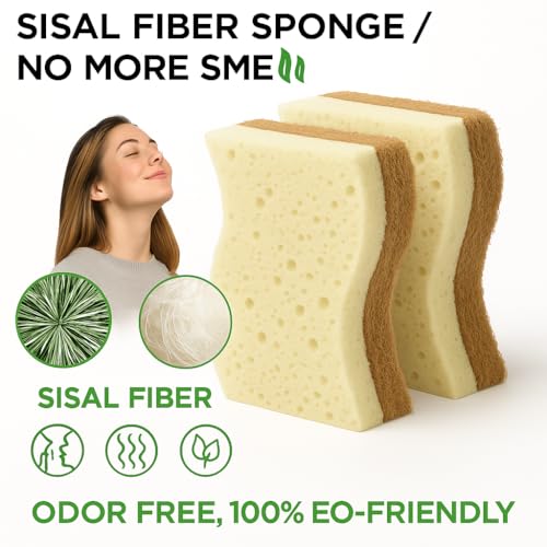 Image of Ampang Scrub Sponges for Kitchen Cleaning - Sisal Fiber & High-Foam Seaweed Cotton, Non-Scratch, Durable & Dishwasher Safe, Ideal for Washing Dishes and Household Tasks (Light Yellow S, 2)