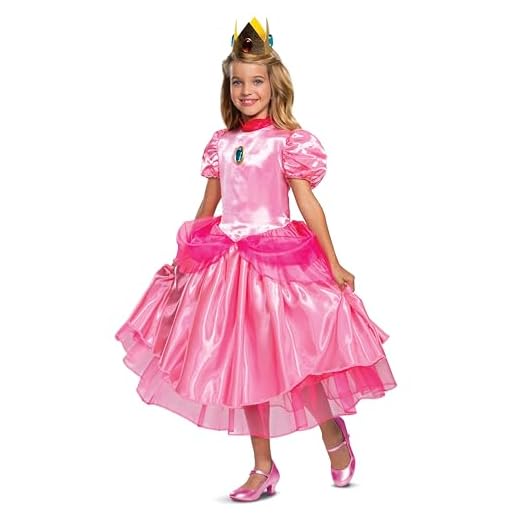 Princess Peach Costume Dress, Nintendo Super Mario Bros Deluxe Dress Up Outfit for Girls, Kids Size Medium (7-8)